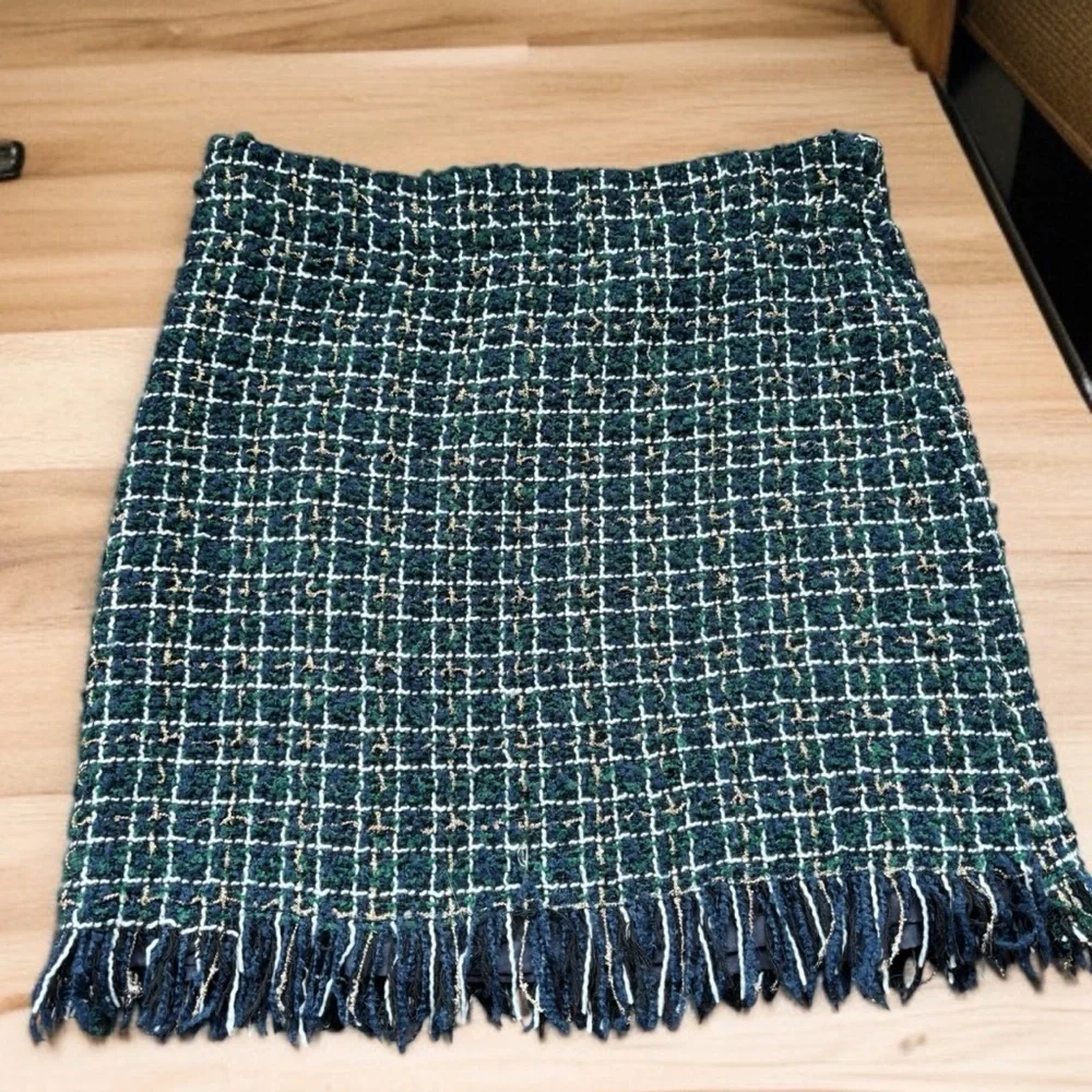 Le Lis Plaid Mini Skirt Medium Blue Green Side Zip Fringe Lined Fall Winter - Picture 3 of 4